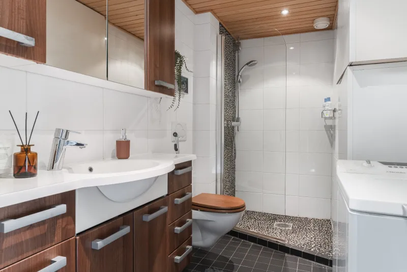 Bathroom with walk-in shower, wall-hung WC, vanity and washing machine