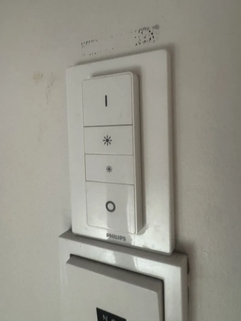 A white four-button dimmer remote mounted on the wall beside the ordinary light switch