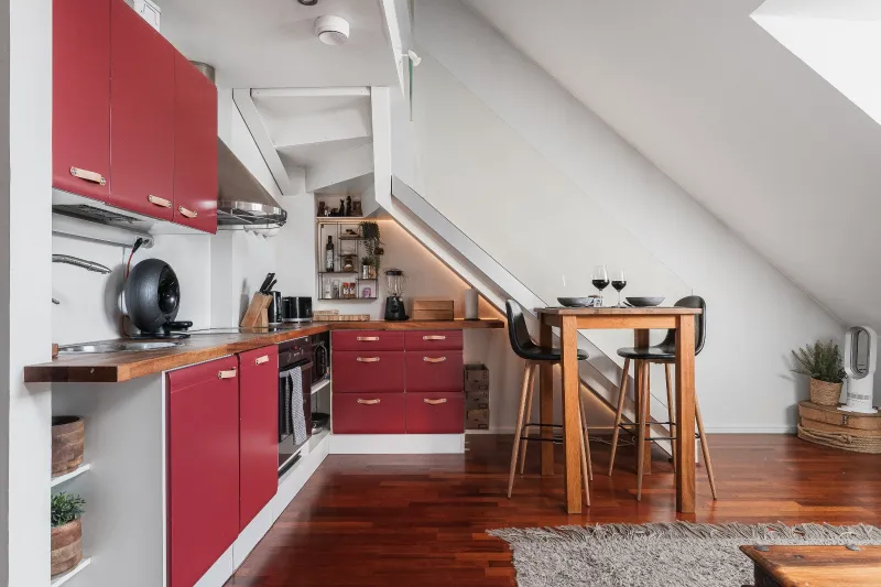 Kitchen and tall dining table set for two under the stair