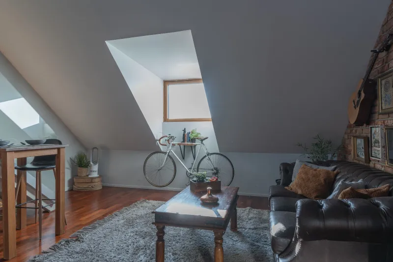 Living room looking towards the roof window and the bicycle