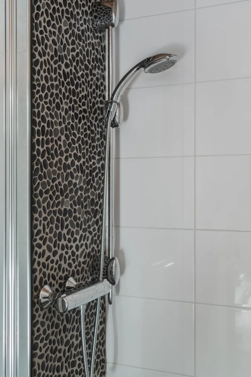 Walk-in shower with a pebble mosaic strip